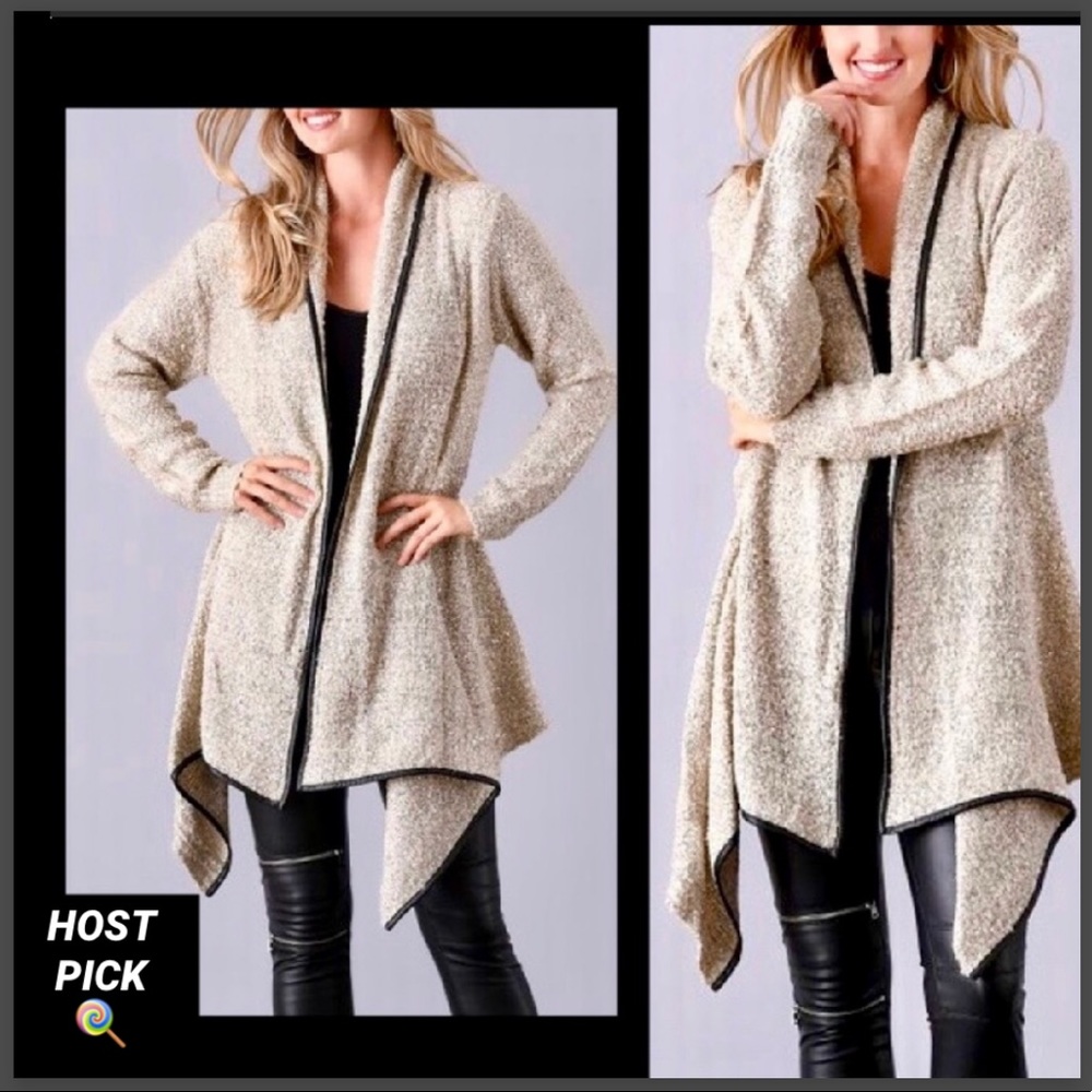 BEIGE OPEN SWING SEQUIN FAUX LEATHER CARDIGAN